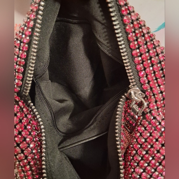 NWT Madison West Hot Pink Rhinestone Club Prom Knit Dumpling Purse Mini Bag - Picture 11 of 14